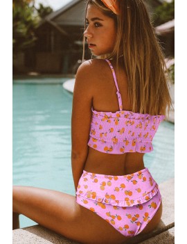 Pink Floral Print Crop Top Swimwear Set