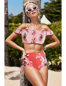 Pink Off-the-shoulder Printed Smocked High Waist Swimwear