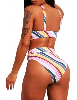 Candy Color Striped Tank High Waist Swimwear