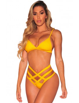 Yellow Strappy Caged High Waist Swimwear Swimsuit