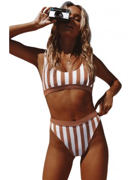 Brown Athletic Striped Tank High Waist Swimwear