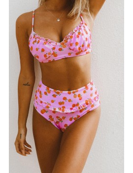 Pink Fruit Print Ruffled Detail High Waist Swimwear