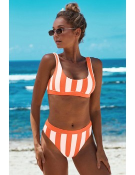 Orange Athletic Striped Tank High Waist Swimwear