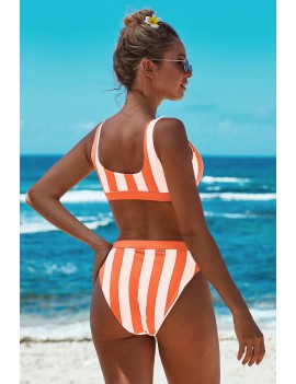 Orange Athletic Striped Tank High Waist Swimwear