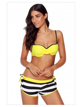 Yellow Wrinkled Bra Striped Swimwear Bottom Swimsuit