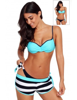 Blue Wrinkled Bra Striped Swimwear Bottom Swimsuit