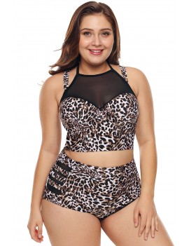 Leopard Print Plus Size Halter Push up Lattice Mesh Swim Swimwear