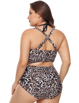 Leopard Print Plus Size Halter Push up Lattice Mesh Swim Swimwear