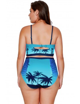 Green Print Plus Size Strappy High Waist Swimwear Swimsuit