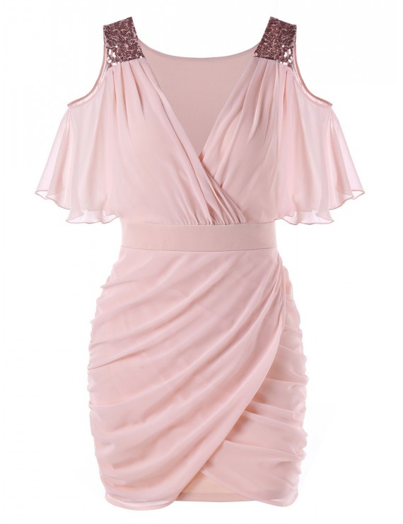 Cold Shoulder Sequins Mini Bodycon Dress - Light Pink M