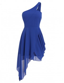 One Shoulder Asymmetric Chiffon Dress - Cobalt Blue 2xl