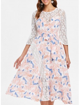 Lace Insert Floral Print Dress - White L