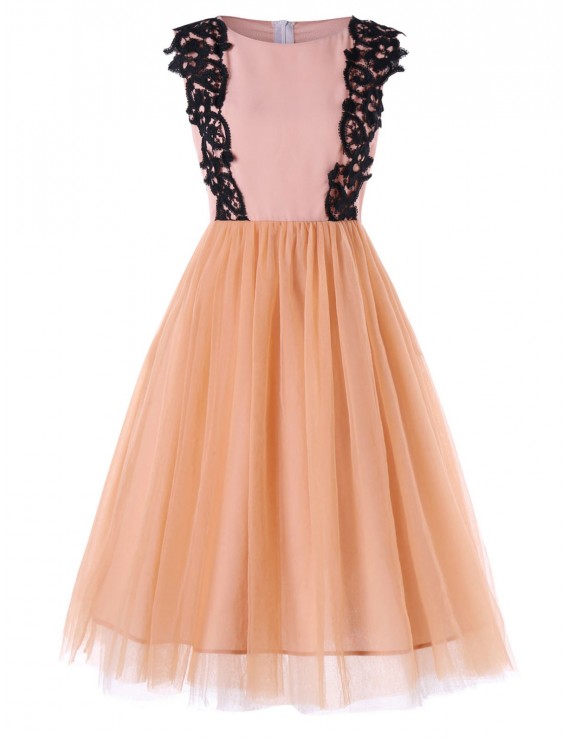 Chiffon Panel High Waisted Sleeveless Dress - Apricot Xl