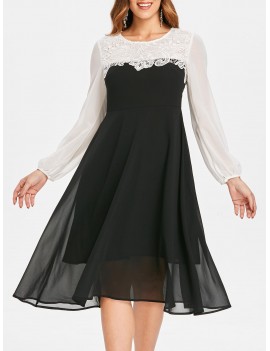 Lace Panel Midi Chiffon Dress - Black L
