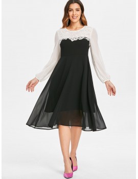 Lace Panel Midi Chiffon Dress - Black L
