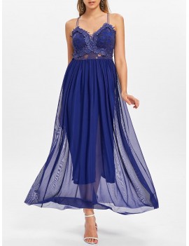 Lace Applique Floor Length Dress - Deep Blue M