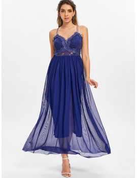 Lace Applique Floor Length Dress - Deep Blue M