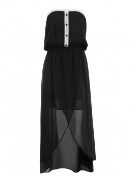 High Slit Chiffon Strapless Blouson Dress - Black M