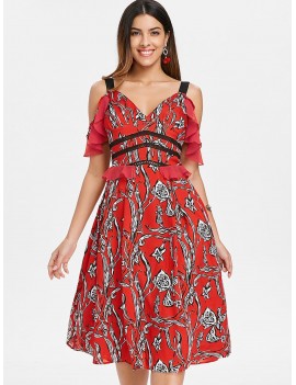 Floral Cold Shoulder Ruffle Midi Dress - Chestnut Red S