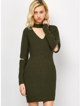Choker Neck Short Sheath Fitted Sweater Dress - Army Green 2xl