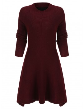 Lace Panel Tie Waist Knit Dress - Red Wine M