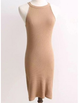 Ribbed Sleeveless Knitted Dress - Camel One Size
