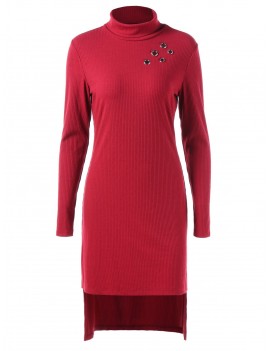 Long Sleeve Short Asymmetrical Knit Dress - Red Wine M