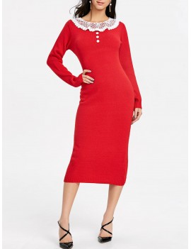 Lace Insert Midi Sweater Dress - Red One Size