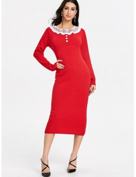 Lace Insert Midi Sweater Dress - Red One Size