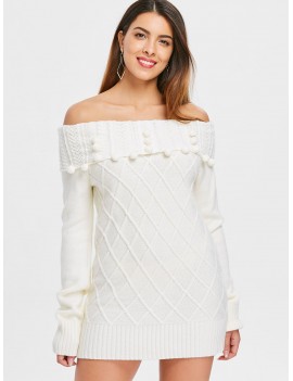 Long Sleeve Off Shoulder Rhombus Sweater Dress - Crystal Cream 2xl