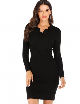Scalloped Ribbed Bodycon Sweater Dress - Black One Size