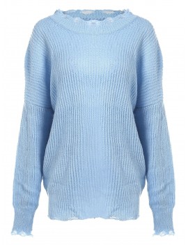 Irregular edge round collar Knit dress - Blue One Size