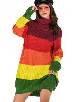 Colorblock Turtleneck Mini Sweater Dress -  S