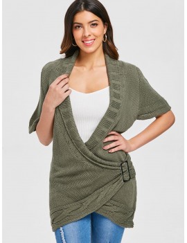 Shawl Collar Buckled Surplice Sweater Dress - Army Green S
