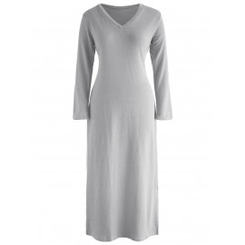 V Neck Long Knitwear Dress - Gray Goose S
