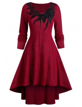 Round Collar Applique High Low Sweater Dress - Red Wine M