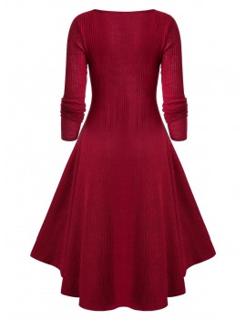 Round Collar Applique High Low Sweater Dress - Red Wine M