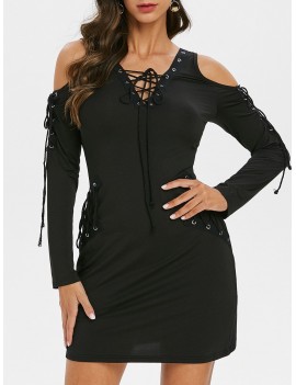 Lace Up Long Sleeve V Neck Mini Dress - Black M
