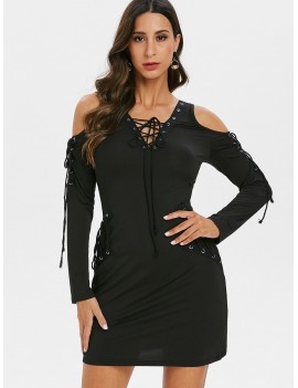 Lace Up Long Sleeve V Neck Mini Dress - Black M