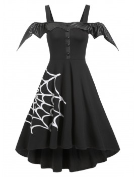 Halloween Spider Net Open Shoulder Dip Hem Dress - Black L