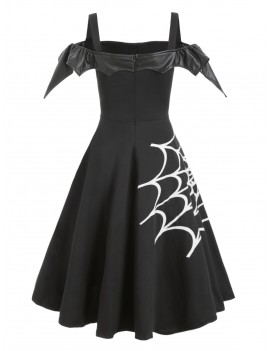 Halloween Spider Net Open Shoulder Dip Hem Dress - Black L