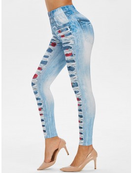 High Rise 3D Floral Ripped Jean Print Jeggings - Jeans Blue M