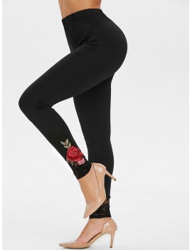 High Waisted Flower Embroidered Lace Insert Leggings - Black M