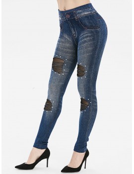 High Rise Distressed Beading Embellished Jeggings - Blue One Size
