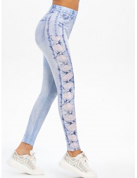 High Rise 3D Lace Bowknot Print Faded Jeggings - Jeans Blue M