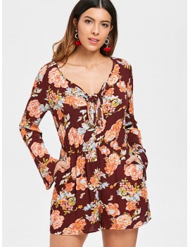 Flare Sleeve Knot Front Floral Romper -  L