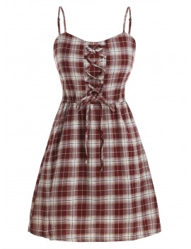 Lace Up Plaid Smocked Back Overlay Romper - Cherry Red S