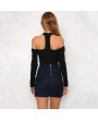 2016 New Apparel Fashion Women Bodycon Stitching Apparel Off Shouder Halter Lace-Up Hollow Out Bodysuit Tops Jumpsuit - Black L