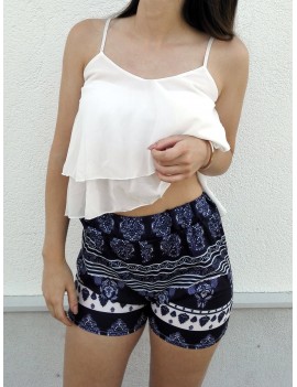 Stylish White Flounced Tank Top and Printed Shorts Women's Twinset - White M