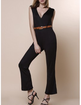 OL Style Women's V-Neck Sleeveless Solid Color Jumpsuit - Black Xl